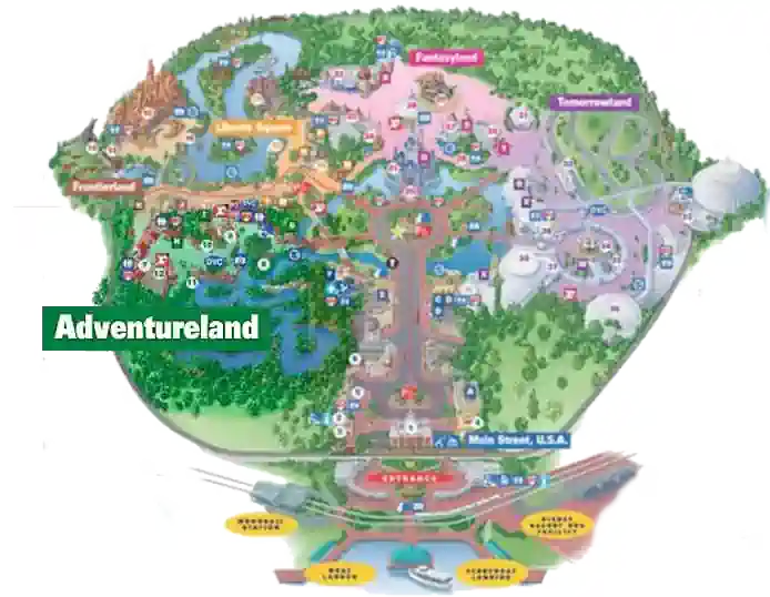 Mapa ubicación de Adventureland en Disney World, Magic Kingdom en Orlando